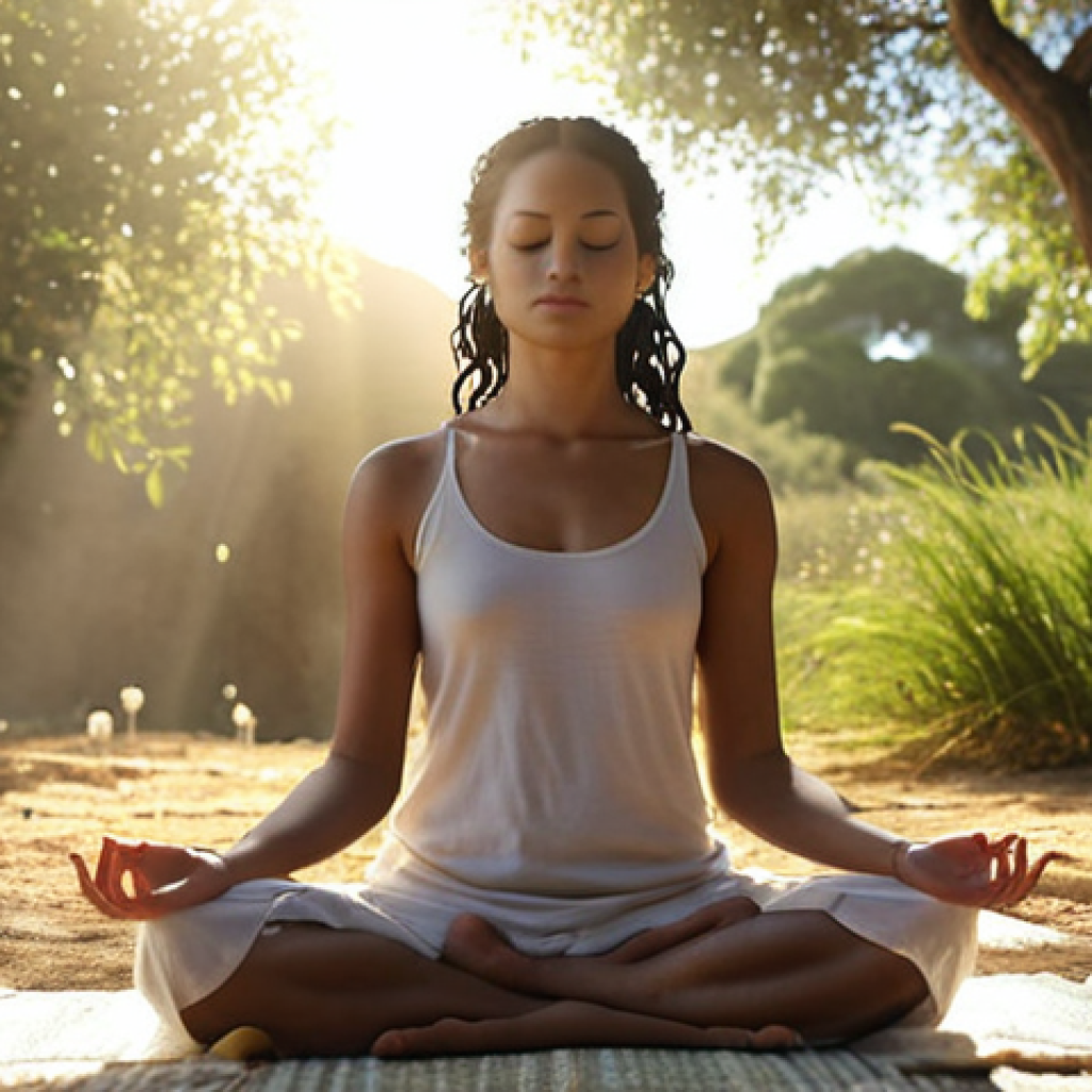 **

Prompt: *A serene individual meditating outdoors, bathed in sunlight, with faint DNA strands subtly visualized in the background. Focus on conveying acceptance and inner peace.*

**
