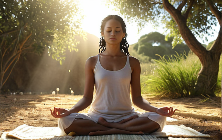**

Prompt: *A serene individual meditating outdoors, bathed in sunlight, with faint DNA strands subtly visualized in the background. Focus on conveying acceptance and inner peace.*

**