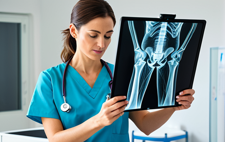 유전자 검사의 신뢰성과 정확성 평가 - **A professional female doctor in a modern, well-lit clinic examining an X-ray, fully clothed in scr...