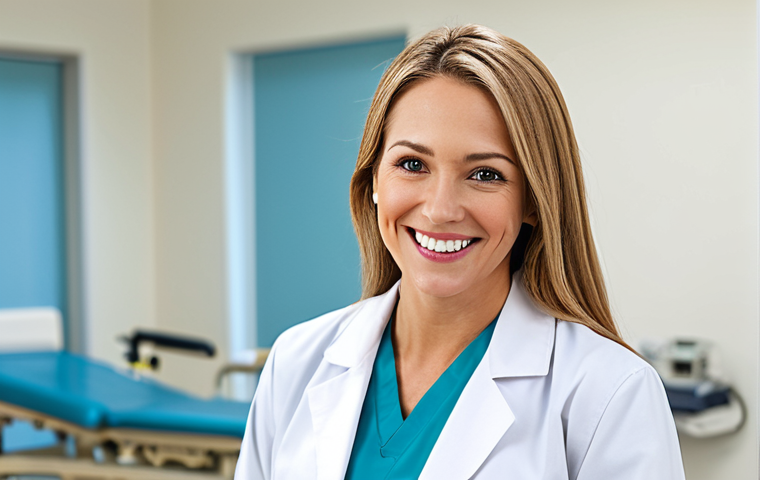 유전자 기반의 심리적 웰빙 전략 - ** A professional female doctor, fully clothed in a modest white lab coat, smiling warmly in a brigh...