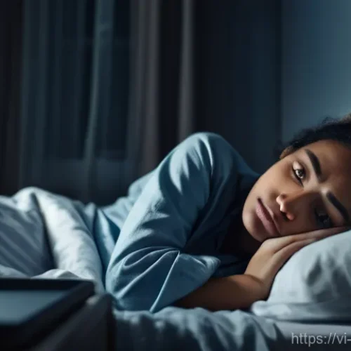 유전자 검사를 통한 불면증 해결 방법 - **Prompt:** A young adult, looking exhausted and frustrated, lies awake in bed in a modern, slightly...