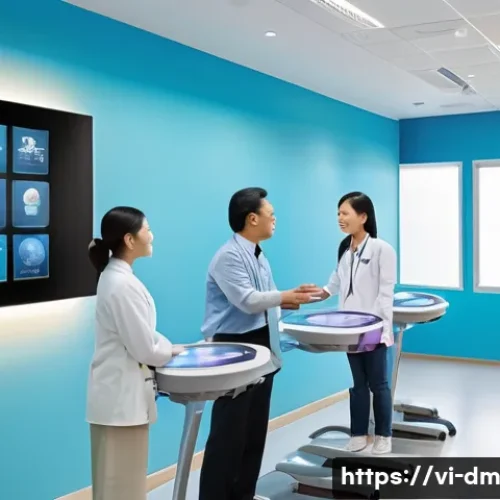 유전자 맞춤형 헬스케어의 지속 가능성 - A modern Vietnamese healthcare clinic interior featuring a diverse group of adults consulting with a...