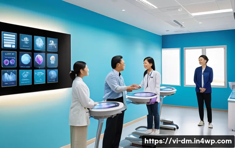 유전자 맞춤형 헬스케어의 지속 가능성 - A modern Vietnamese healthcare clinic interior featuring a diverse group of adults consulting with a...