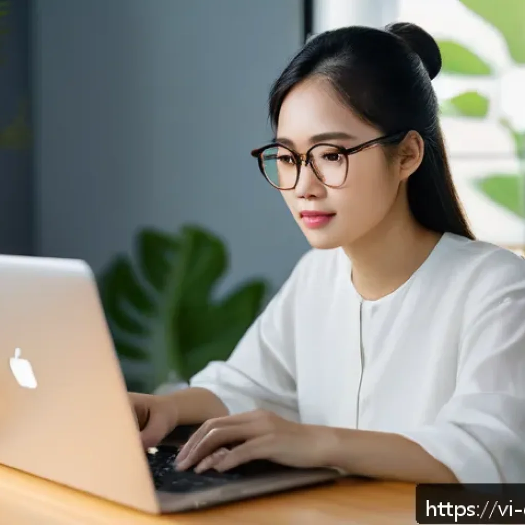 유전자 분석 결과를 활용한 심리 상담 - A modern Vietnamese woman in her late 20s sitting at a wooden desk in a cozy home office, focused on...