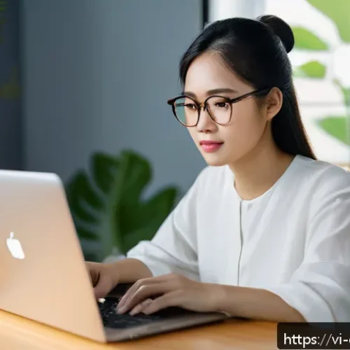 유전자 분석 결과를 활용한 심리 상담 - A modern Vietnamese woman in her late 20s sitting at a wooden desk in a cozy home office, focused on...
