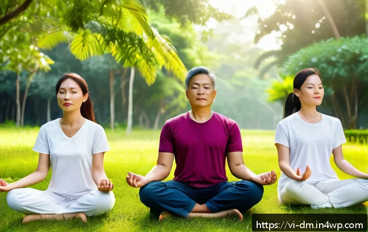 유전자 분석과 정신 건강의 연관성 연구 - A diverse group of Vietnamese adults practicing mindfulness meditation in a serene outdoor setting s...