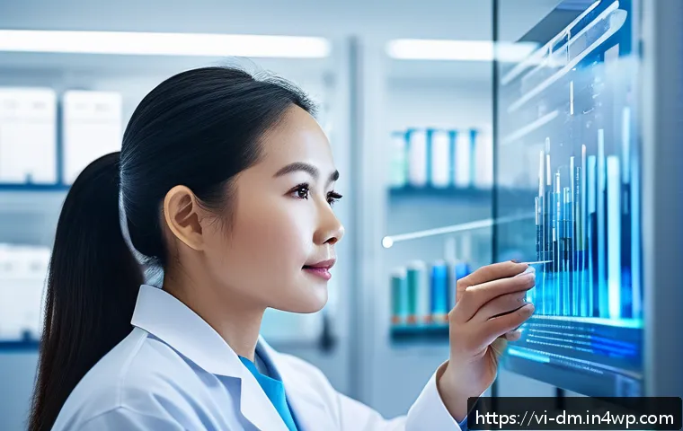 유전자 맞춤형 건강 관리와 데이터 보안 - A modern laboratory scene showcasing a diverse Vietnamese healthcare professional analyzing personal...